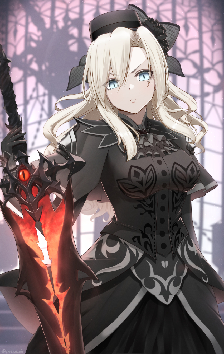 1girl, absurdres, ascot, black_capelet, black_dress, black_flower, black_gloves, black_hat