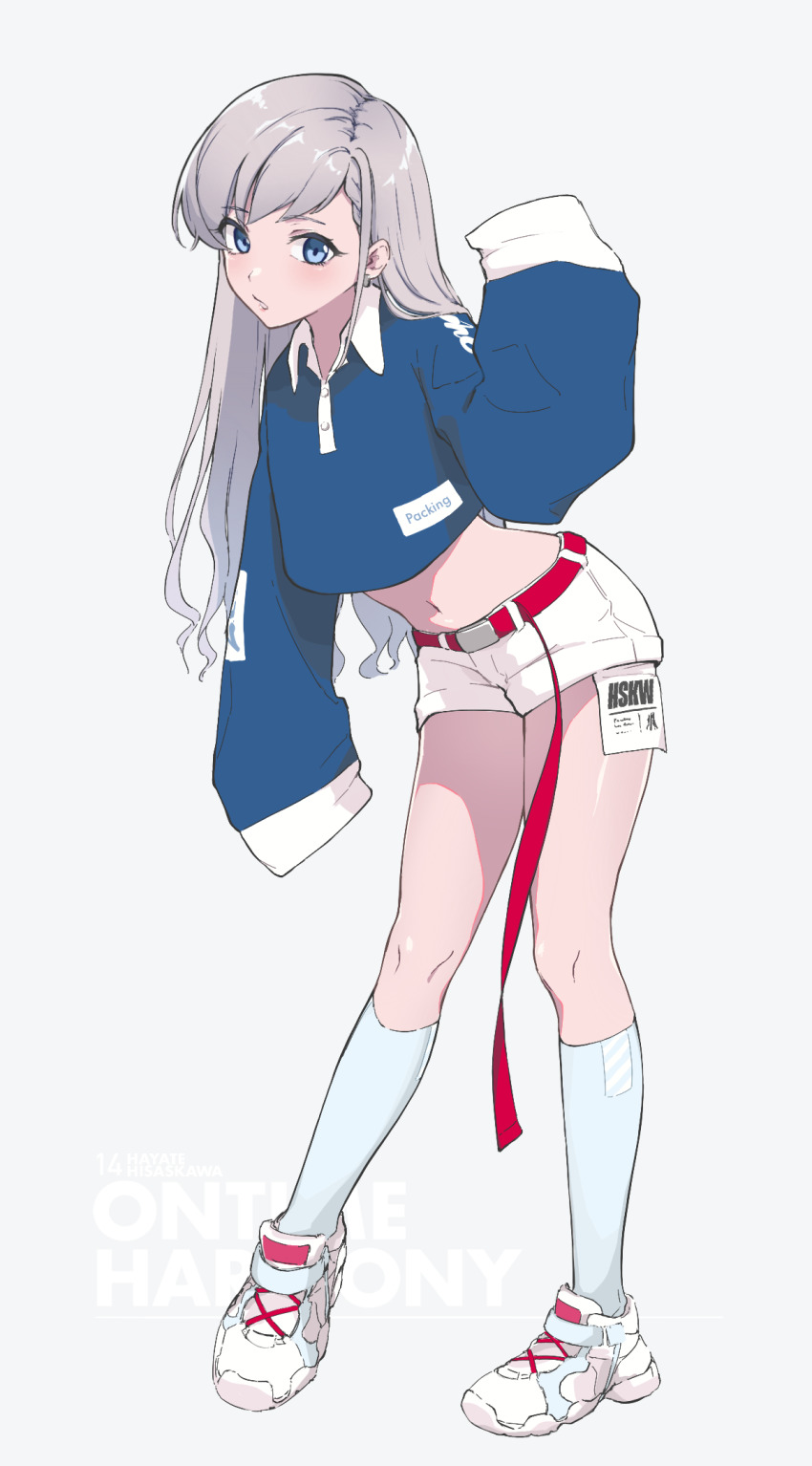 1girl, belt, blue_background, blue_eyes, blue_socks, blush, full_body, grey_hair, highres, hisakawa_hayate, hodoyoi, idolmaster, idolmaster_cinderella_girls, kneehighs, long_hair, long_sleeves, navel, open_mouth, shoes, simple_background, sleeves_past_wrists, sneakers, socks, solo
