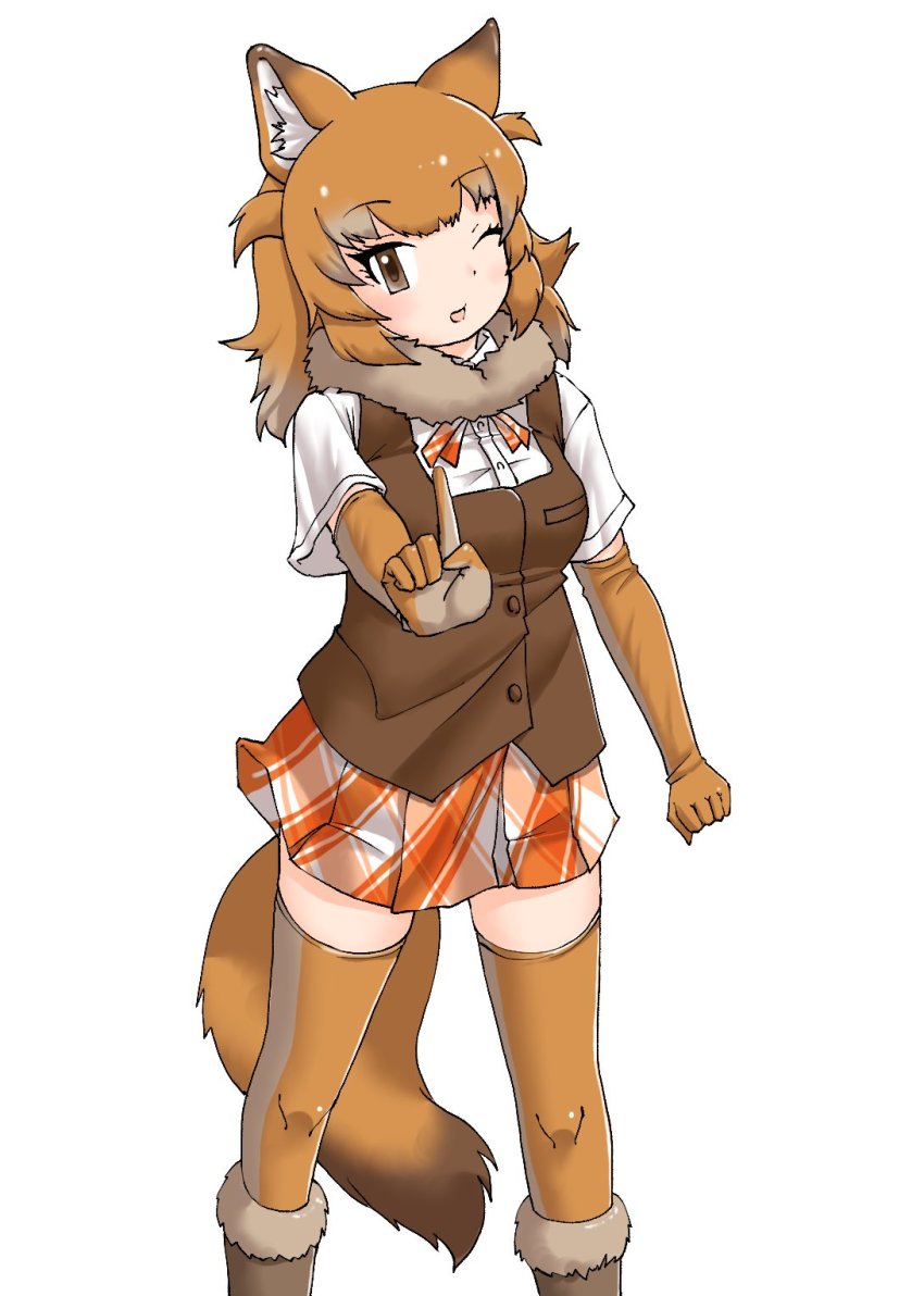 1girl, animal_ears, boots, bow, bowtie, brown_boots, brown_eyes, brown_gloves, brown_hair, brown_thighhighs, brown_vest, dhole_(kemono_friends), dhole_(old_design)_(kemono_friends), dog_ears, dog_girl, dog_tail, elbow_gloves, fur_collar, fur_trim, gloves, highres, kemono_friends, light_brown_hair, looking_at_viewer, multicolored_hair, one_eye_closed, orange_bow, orange_bowtie, orange_skirt, plaid_clothes, plaid_skirt, pleated_skirt, shirt, short_hair, short_sleeves, skirt, solo, tail, thighhighs, uf34a, vest, white_shirt, zettai_ryouiki
