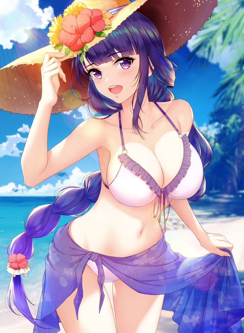 1girl, bare_arms, beach, bikini, blue_sky, blunt_bangs, blush, braid