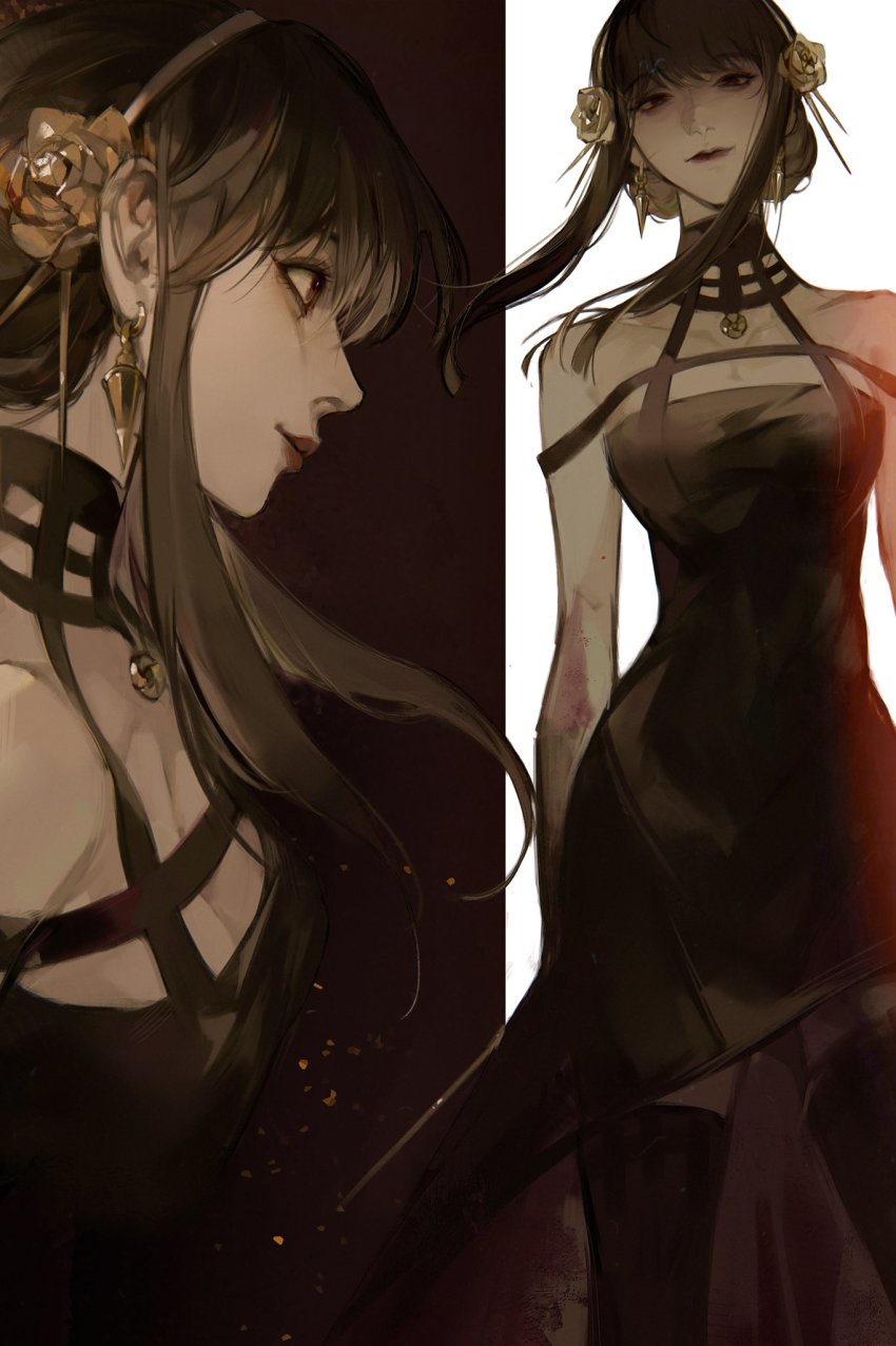 1girl, arms_at_sides, bare_shoulders, black_dress, black_hair, black_thighhighs, blood, blood_on_arm, blood_on_clothes, breasts, cleavage, closed_mouth, cowboy_shot, dress, earrings, eyelashes, floating_hair, flower, hair_flower, hair_ornament, hairband, highres, jewelry, large_breasts, lipstick, long_hair, looking_at_viewer, looking_away, makeup, multiple_views, pendant, profile, red_background, red_eyes, red_lips, shaded_face, sidelocks, smirk, spikes, spy_x_family, standing, sxx7_sxx7, thighhighs, updo, upper_body, white_background, yellow_flower, yor_briar