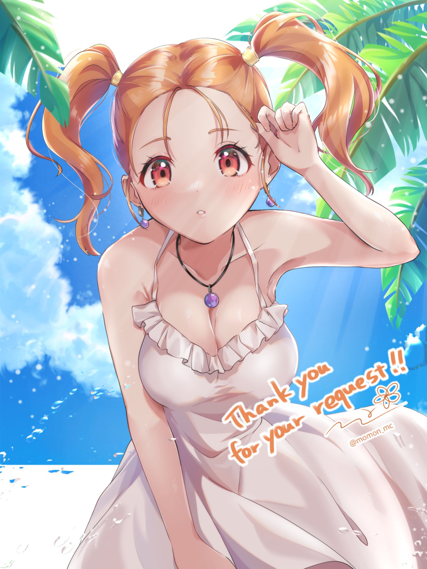 1girl, artist_name, bare_shoulders, blush, breasts, brown_hair, cleavage, cloud, commission, dragon_quest, dragon_quest_viii, dress, english_text, highres, jessica_albert, jewelry, looking_at_viewer, medium_breasts, momon_mc, necklace, outdoors, palm_tree, parted_lips, red_eyes, short_twintails, skeb_commission, sky, solo, sundress, tree, twintails