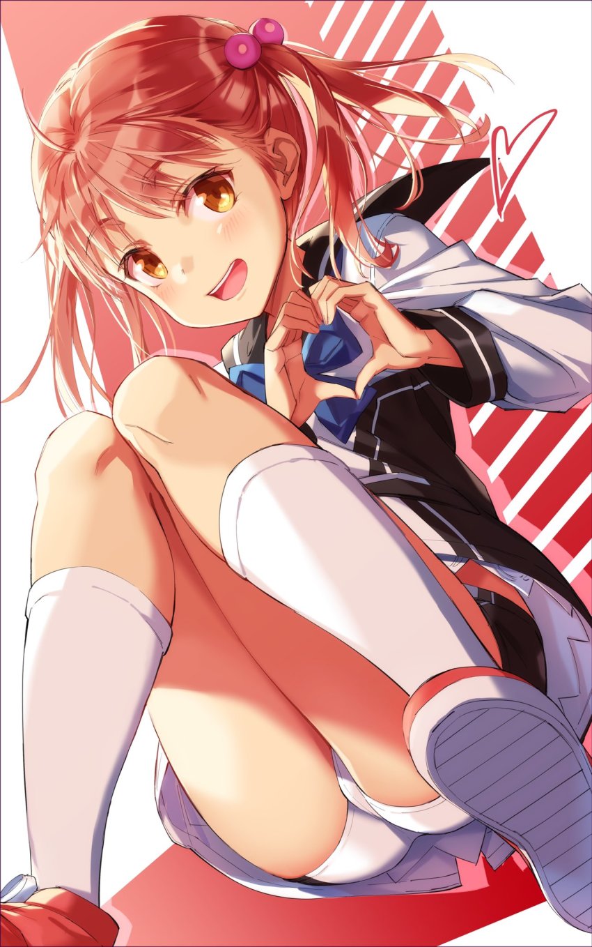 1girl, ass, black_shorts, blush, breasts, eyebrows_hidden_by_hair, hair_bobbles, hair_ornament