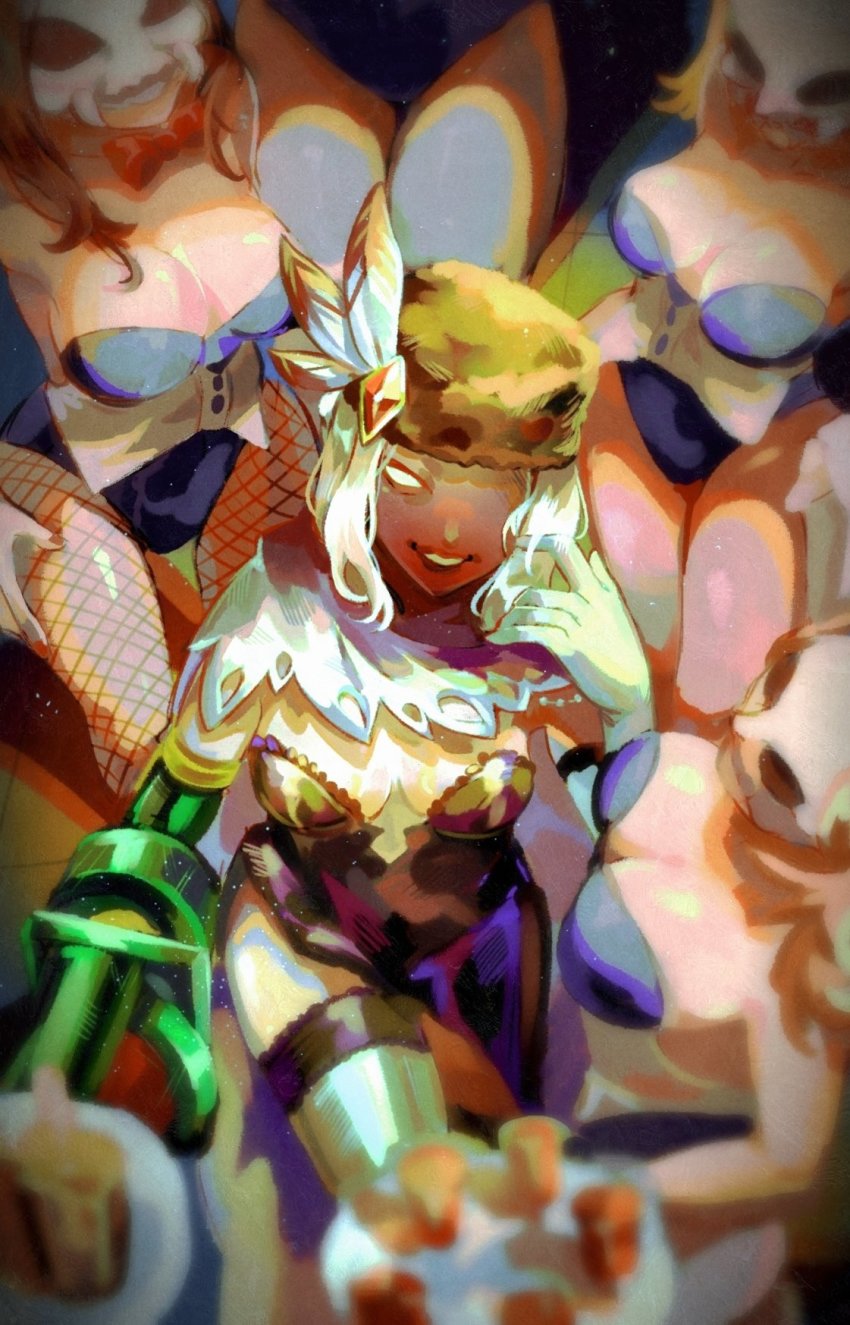 5girls, amputee, arm_cannon, black_dahlia, bow, bowtie, braid, braided_bun