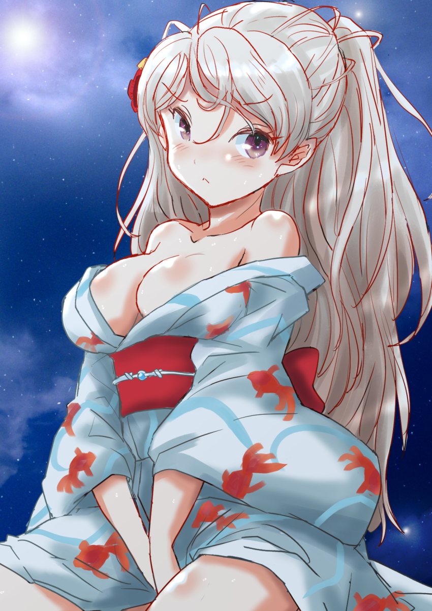 1girl, animal_print, blue_kimono, breasts, brown_eyes, cleavage, commentary_request, conte_di_cavour_(kancolle)