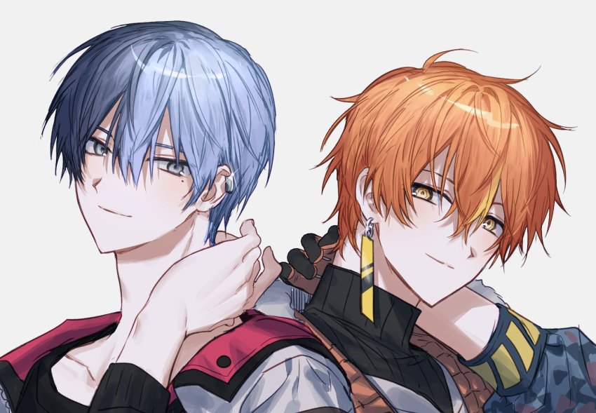 2boys, aoyagi_touya, black_gloves, black_sweater, blonde_hair, blue_hair, blue_jacket, commentary