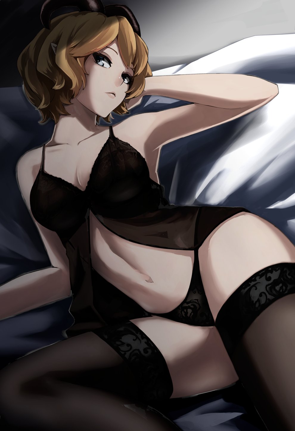 1girl, arm_behind_head, arm_up, armpits, babydoll, bed, blonde_hair, breasts