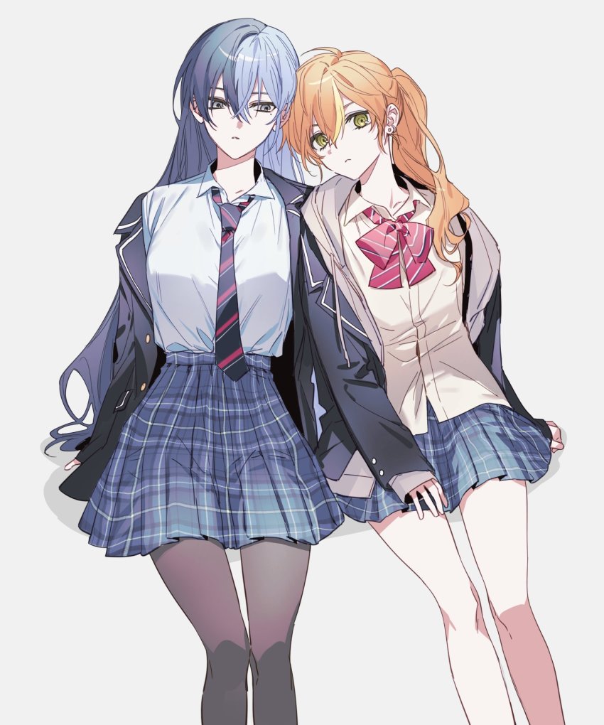 2girls, :<, aoyagi_touya, black_legwear, blazer, blonde_hair, blue_hair, blue_jacket, blue_necktie, blue_skirt, bow, bowtie, breasts, closed_mouth, commentary, diagonal-striped_bow, diagonal-striped_bowtie, diagonal-striped_clothes, diagonal-striped_necktie, ear_piercing, fujo0t4ku, genderswap, genderswap_(mtf), green_eyes, grey_eyes, grey_jacket, highres, hood, hood_down, hooded_jacket, jacket, kamiyama_high_school_uniform_(project_sekai), large_breasts, long_hair, long_sleeves, looking_at_viewer, multicolored_hair, multiple_girls, necktie, orange_hair, pantyhose, piercing, plaid_clothes, plaid_skirt, project_sekai, red_bow, red_bowtie, school_uniform, shinonome_akito, shirt, shirt_tucked_in, side_ponytail, sitting, skirt, streaked_hair, striped_bow, striped_bowtie, striped_clothes, tented_shirt, very_long_hair, white_shirt