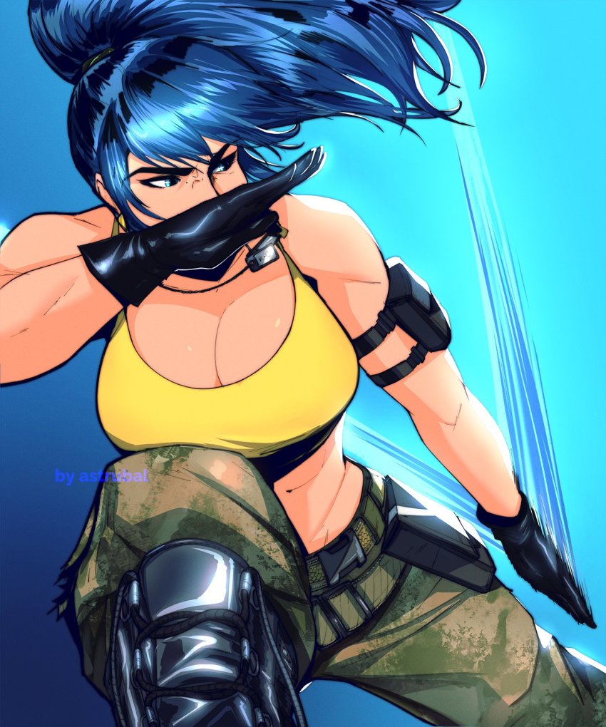 1girl, armlet, artist_name, astrubalart, bare_shoulders, belt, blue_eyes, blue_hair