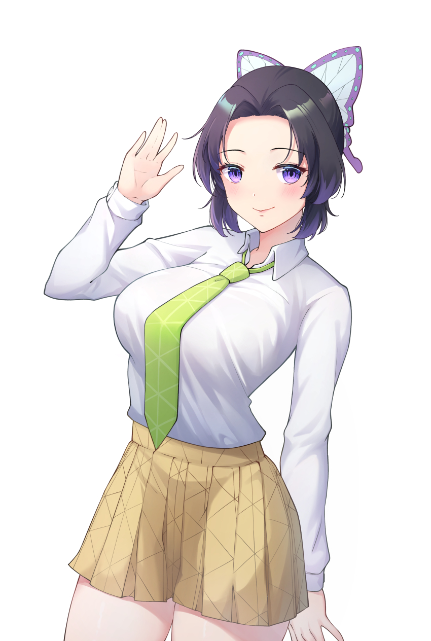 1girl, absurdres, arm_at_side, black_hair, blush, breasts, butterfly_hair_ornament, closed_mouth, collared_shirt, colored_tips, cowboy_shot, green_necktie, hair_ornament, hand_up, highres, kimetsu_gakuen, kimetsu_no_yaiba, kochou_shinobu, large_breasts, long_sleeves, looking_at_viewer, miniskirt, multicolored_hair, necktie, passerby_b, pleated_skirt, purple_eyes, purple_hair, school_uniform, shirt, simple_background, skirt, smile, solo, streaked_hair, tight_clothes, tight_shirt, updo, white_background, white_shirt, yellow_skirt