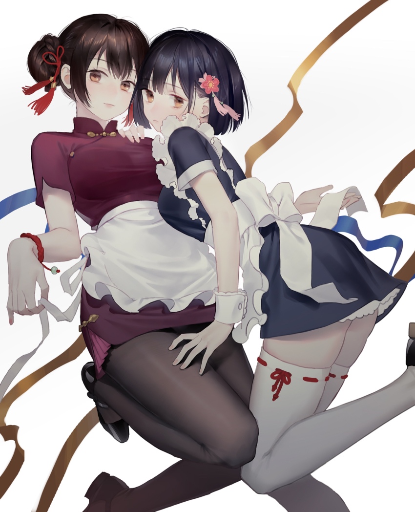 2girls, alternate_costume, apron, axis_powers_hetalia, black_hair, bob_cut, bow, breasts