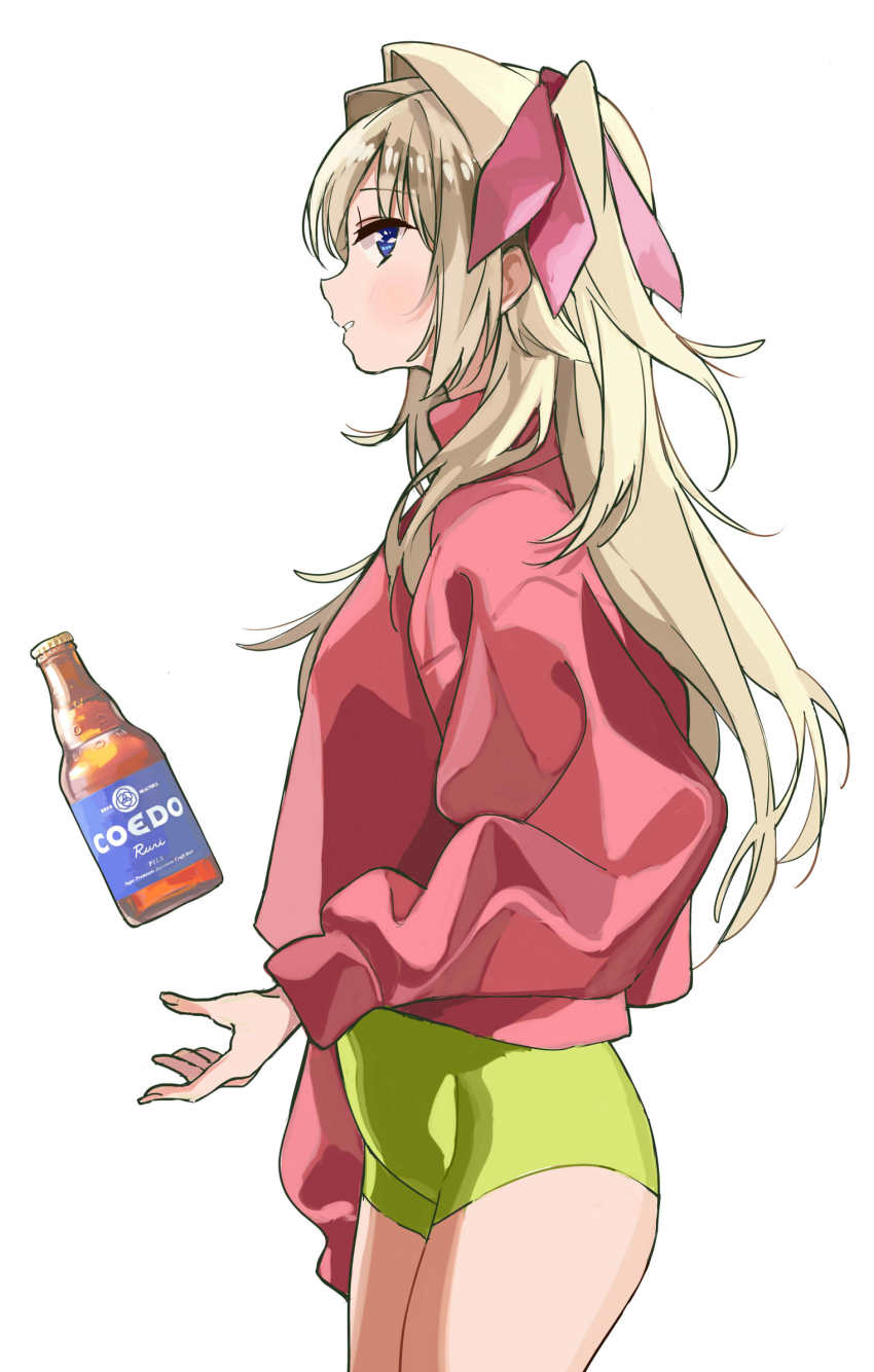 1girl, arm_at_side, beer_bottle, blonde_hair, blue_eyes, blush, cowboy_shot, from_side