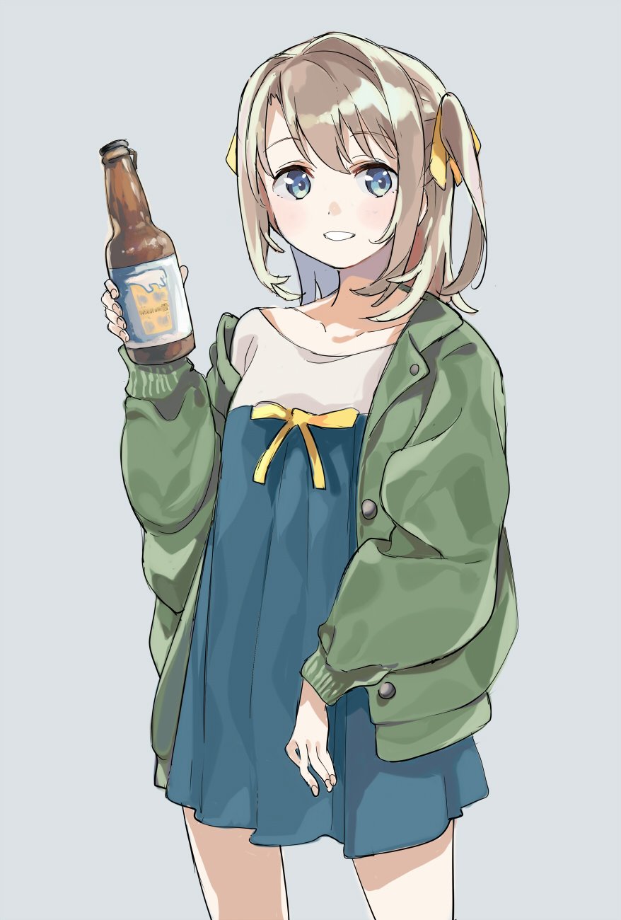 1girl, beer_bottle, blue_eyes, blush, bottle, breasts, brown_hair, collarbone