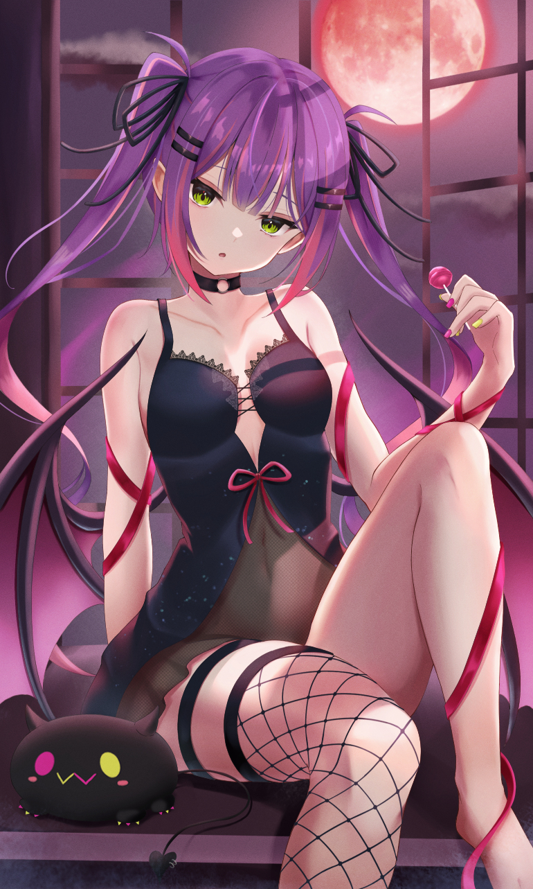 1girl, bare_legs, bibi_(tokoyami_towa), black_choker, black_dress, black_ribbon, candy, choker