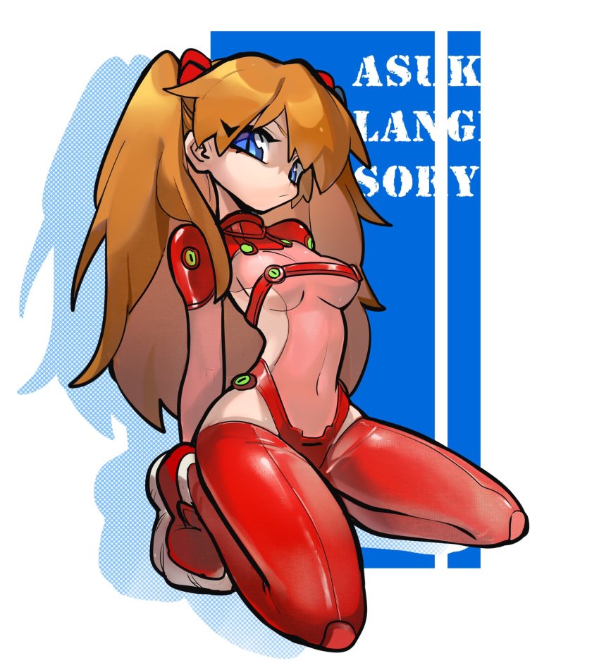 1girl, arms_behind_back, blue_eyes, bodysuit, breasts, character_name, clothing_cutout, covered_navel, drop_shadow, frown, full_body, highres, interface_headset_(evangelion), leotard, long_hair, looking_at_viewer, mai_nanhai_de_xiao_zongcai, mecha_pilot_suit, medium_breasts, neon_genesis_evangelion, on_one_knee, orange_hair, plugsuit_(evangelion), red_bodysuit, red_footwear, see-through_clothes, short_sleeves, side_cutout, skin_tight, solo, souryuu_asuka_langley, test_plugsuit_(evangelion), two_side_up, underboob, very_long_hair, wide_hips