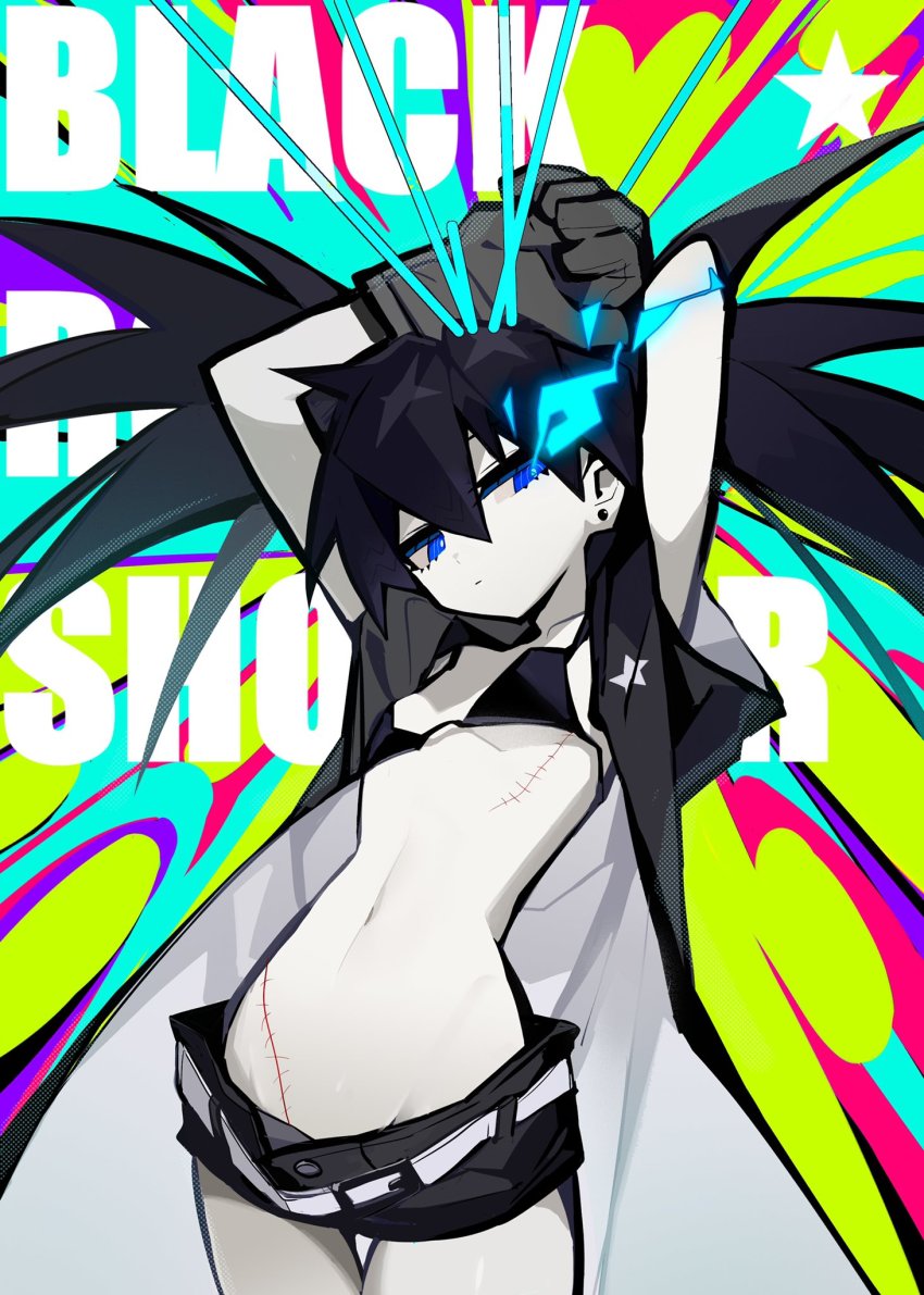 1girl, arms_behind_head, arms_up, artist_request, bikini, bikini_top_only, black_hair, black_rock_shooter, black_rock_shooter_(character), black_shorts, blue_eyes, blue_fire, bound, bound_wrists, breasts, coat, copyright_name, cowboy_shot, earrings, fire, flaming_eye, gloves, grey_gloves, groin, head_tilt, highres, jewelry, long_hair, mai_nanhai_de_xiao_zongcai, midriff, multicolored_background, navel, scar, scar_on_chest, scar_on_stomach, short_shorts, short_sleeves, shorts, small_breasts, solo, star_(symbol), star_print, string, stud_earrings, swimsuit, thigh_gap, twintails