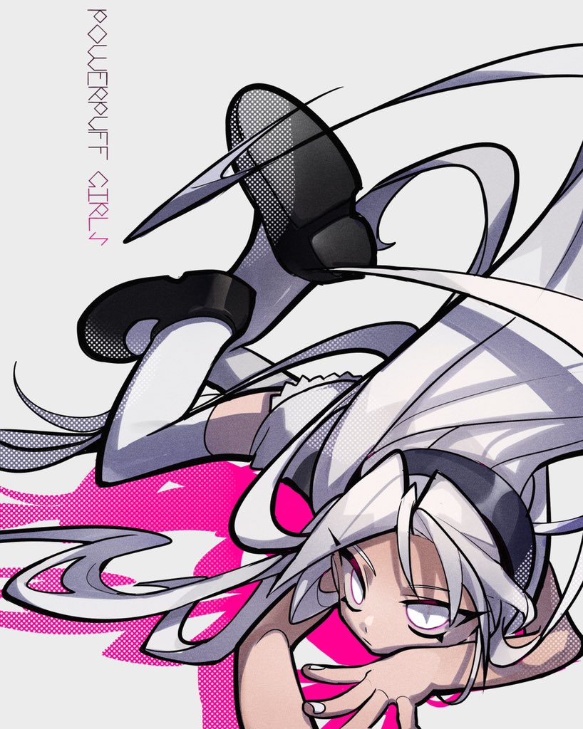 1girl, bare_arms, bell_(ppgd), character_request, copyright_name, dress, drop_shadow, eyeliner