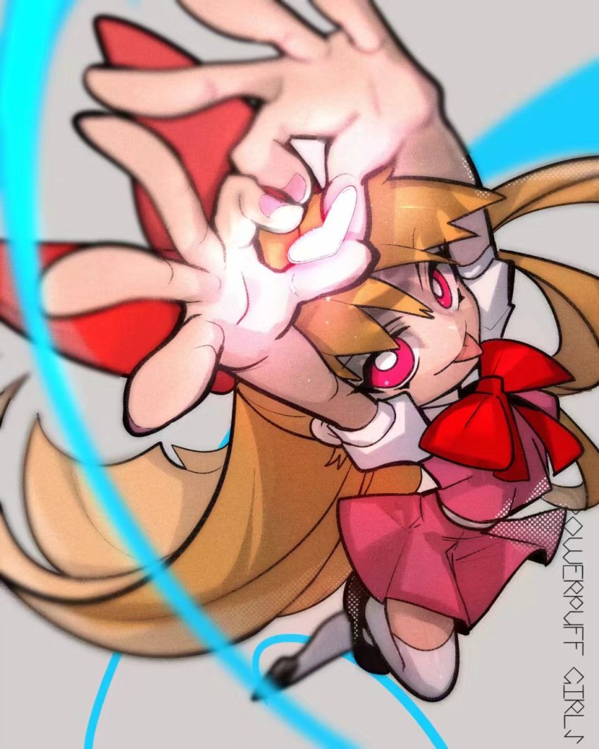 1girl, :p, arms_up, black_shoes, blossom_(ppg), blue_ribbon, bow, bowtie