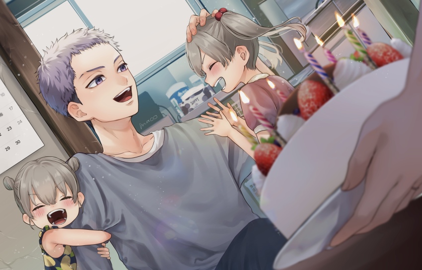 1boy, 1other, 2girls, :d, absurdres, birthday_cake, black_pants, blush, brother_and_sister, cake, candle, cowboy_shot, double_bun, eyebrow_cut, food, grey_hair, grey_shirt, hair_between_eyes, hair_bun, headpat, highres, holding, holding_plate, indoors, long_hair, maco_(crea-0328), mitsuya_luna, mitsuya_mana, mitsuya_takashi, multiple_girls, open_mouth, pants, plate, profile, purple_eyes, shirt, siblings, sisters, sitting, smile, standing, tokyo_revengers, twintails