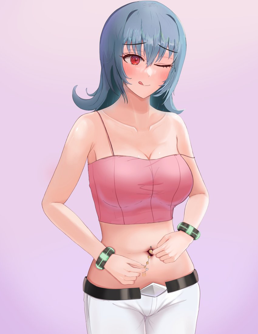 1girl, absurdres, blue_hair, blush, breasts, crop_top, highres, kingamadeus0, large_breasts, licking_lips, midriff, navel, navel_fingering, navel_insertion, navel_piercing, nintendo, one_eye_closed, piercing, pink_eyes, pokemon, pokemon_heartgold_and_soulsilver, sabrina_(pokemon), solo, spaghetti_strap, tank_top, tongue, tongue_out