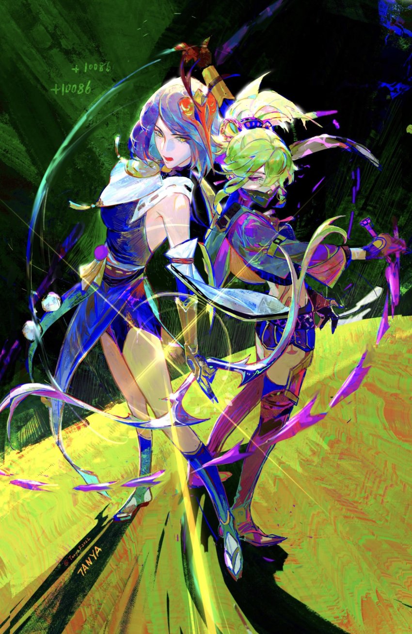 2girls, back-to-back, black_hair, boots, breasts, eyebrows_hidden_by_hair, genshin_impact, gloves