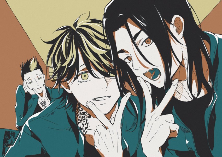 3boys, baji_keisuke, black_hair, hanemiya_kazutora, hanma_shuuji, highres, jacket, kawaiipomechan2