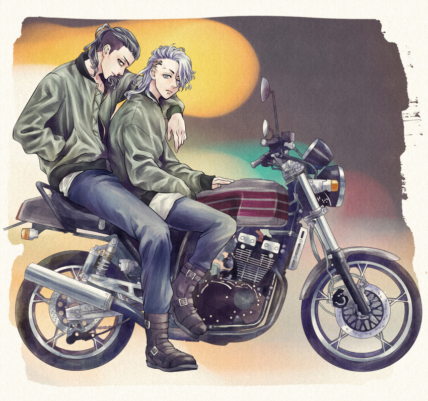 2boys, arm_around_shoulder, black_eyes, black_footwear, black_hair, blue_pants, boots, closed_mouth, expressionless, full_body, green_jacket, hamhassy, hand_in_pocket, head_tattoo, highres, jacket, long_hair, long_sleeves, looking_at_viewer, male_focus, mitsuya_takashi, motor_vehicle, motorcycle, multiple_boys, multiple_riders, pants, ponytail, purple_eyes, purple_hair, shiba_hakkai, sleeves_past_wrists, tattoo, tokyo_revengers