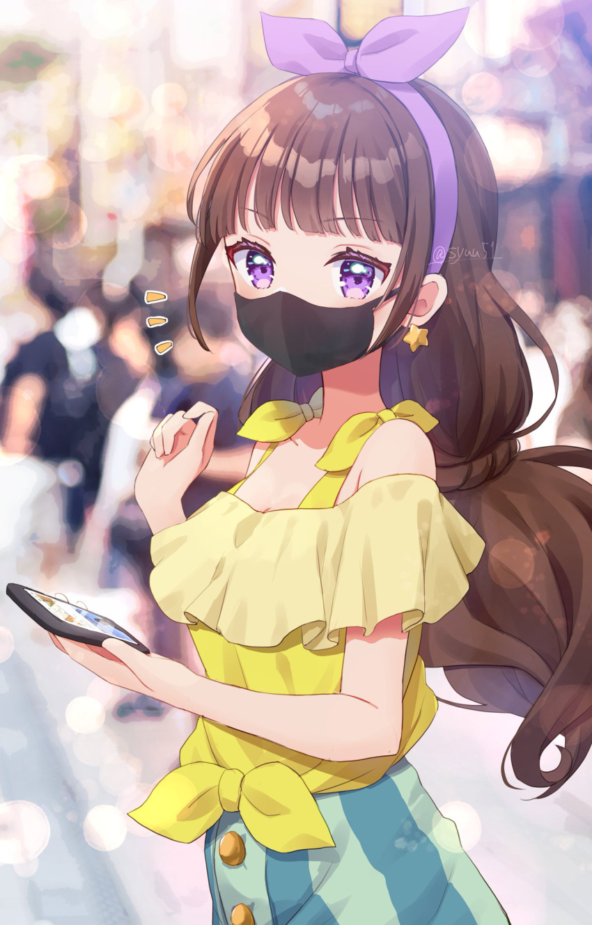 1girl, amanogawa_kirara, bare_shoulders, blurry, blurry_background, breasts, brown_hair, cellphone