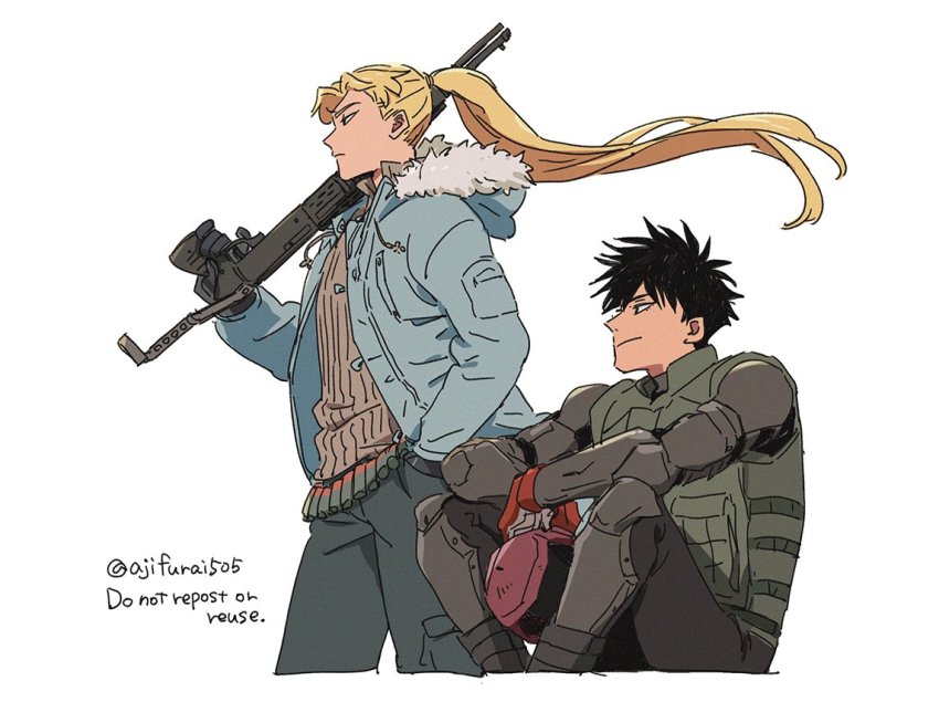 asaya_minoru, black_gloves, black_hair, black_pants, black_shirt, blonde_hair, blue_jacket, brown_sweater, character_request, closed_mouth, combat_shotgun, commentary_request, cropped_legs, dual-mode_shotgun, english_text, floating_hair, flying_sweatdrops, fur-trimmed_hood, fur_trim, gloves, gun, hood, hood_down, hooded_jacket, jacket, knees_up, light_smile, male_focus, ominae_yuu, open_clothes, open_jacket, pants, ponytail, pump-action_shotgun, pump_action, red_gloves, ribbed_sweater, semi-automatic_shotgun, shirt, shotgun, simple_background, sitting, spas-12, spriggan_(manga), standing, sweater, twitter_username, weapon, white_background