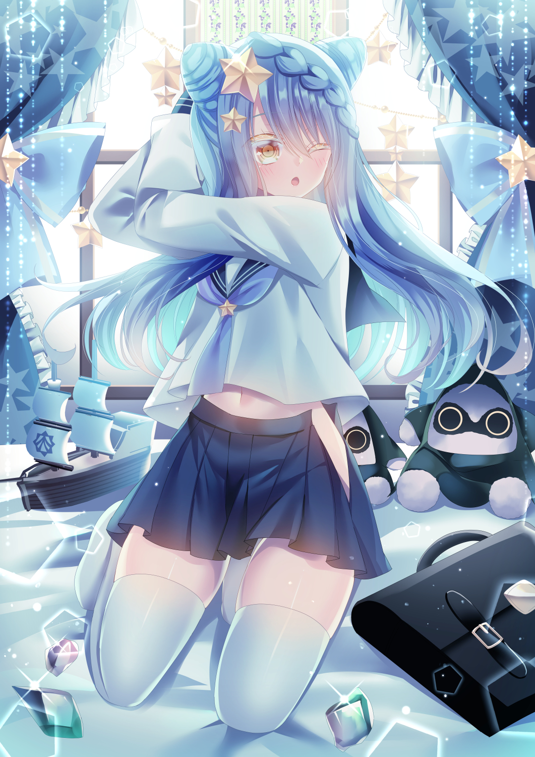 1girl, bag, black_skirt, blue_bow, blue_hair, bow, braid, curtains, double_bun, filiananna, gem, hair_bun, hair_ornament, handbag, hands_up, highres, indoors, long_hair, long_sleeves, mimi_(pixiv_fantasia_age_of_starlight), navel, on_bed, one_eye_closed, open_mouth, pillow, pixiv_fantasia, pixiv_fantasia_age_of_starlight, school_uniform, skirt, solo, star_(symbol), star_hair_ornament, stuffed_toy, thighhighs, toy_boat, white_thighhighs, window