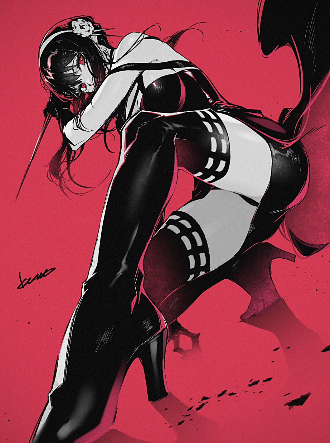 1girl, black_dress, black_gloves, black_hair, black_panties, black_thighhighs, blood, boots