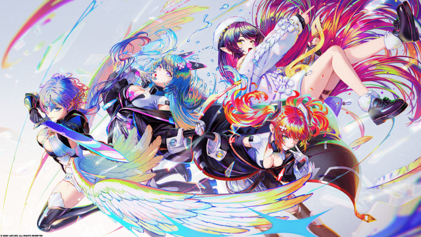 2022, 4girls, absurdres, beret, black_footwear, blue_eyes, blue_hair, breasts