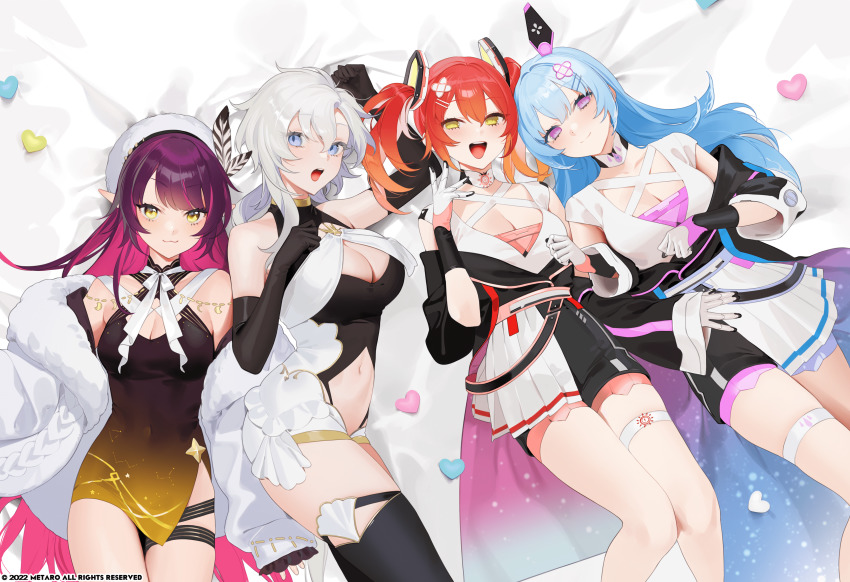 2022, 4girls, :3, absurdres, black_gloves, blue_eyes, blue_hair, breasts