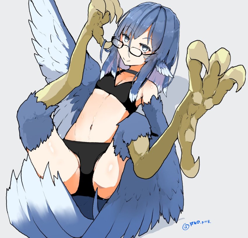 1girl, adjusting_eyewear, animal_ears, bad_id, bad_twitter_id, bare_shoulders, bespectacled, bird_ears, bird_legs, bird_tail, black-framed_eyewear, black_bra, black_panties, blue_feathers, blue_hair, blue_wings, bra, breasts, choker, cleavage, feathered_wings, feathers, glasses, grey_background, grey_eyes, hair_between_eyes, harpy, long_hair, midriff, miura_(rnd.jpg), monster_girl, navel, original, panties, rnd.jpg_(artist), semi-rimless_eyewear, sidelocks, simple_background, small_breasts, smile, solo, tail, talons, twitter_username, underwear, winged_arms, wings