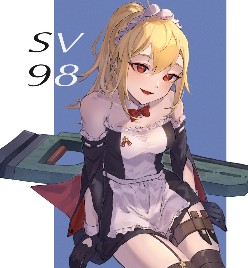 1girl, bare_shoulders, black_gloves, black_thighhighs, blonde_hair, blush, bolt_action, bow