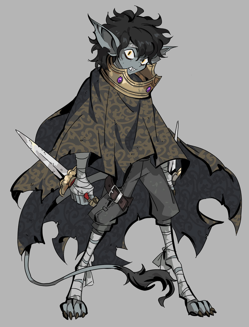 1boy, bags_under_eyes, bandaged_arm, bandaged_hand, bandaged_leg, bandages, belt, black_eyes