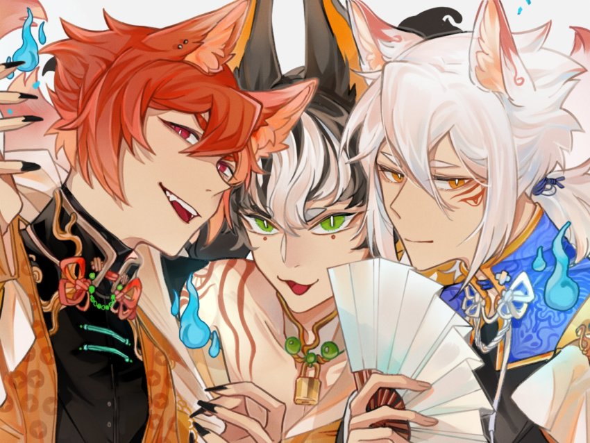 3boys, :3, animal_ears, black_hair, black_nails, bright_pupils, ear_piercing, facial_mark