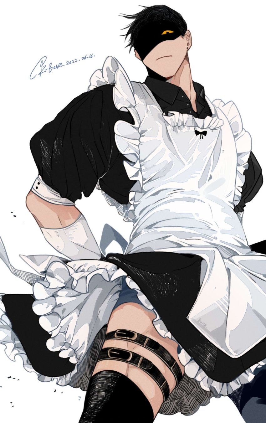 1boy, 2022, apron, back_bow, black_dress, black_hair, black_legwear, bow