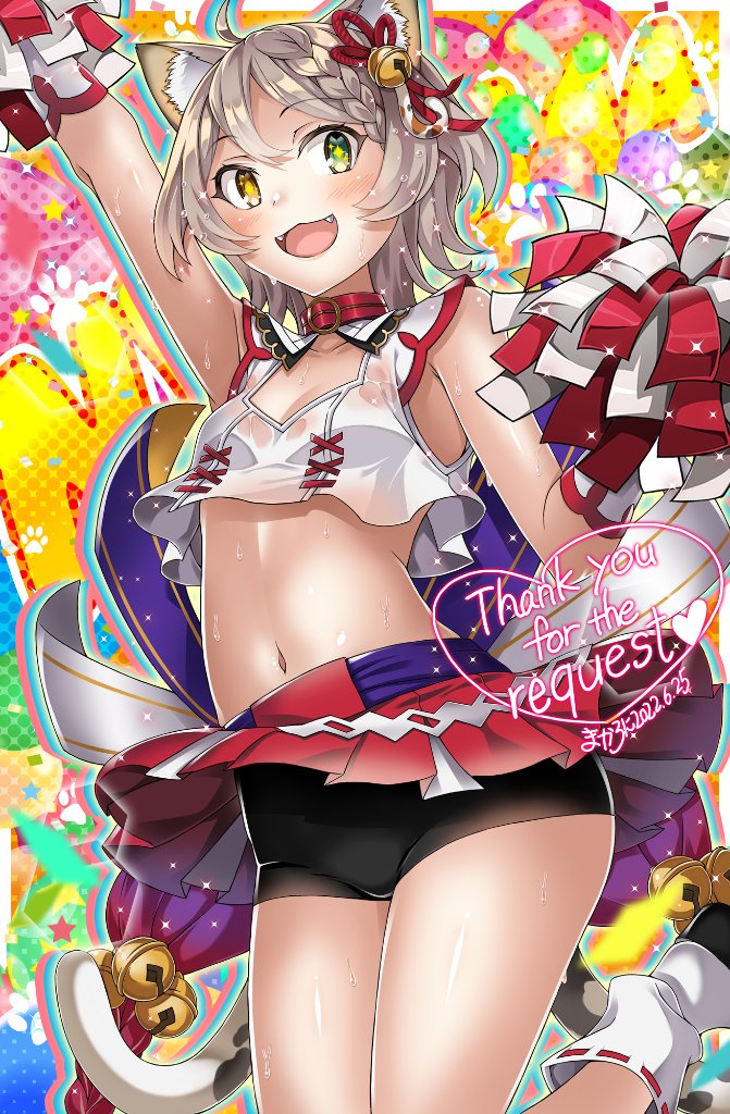 1girl, adapted_costume, animal_ears, arm_up, armpits, bell, bike_shorts, braid