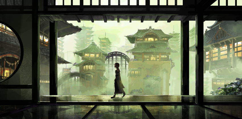 1girl, architecture, building, bush, city, commentary_request, east_asian_architecture, flower