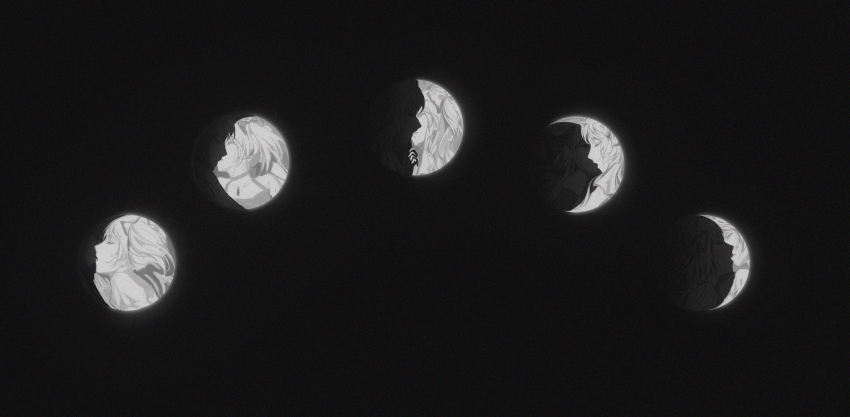 2girls, absurdres, akemi_homura, black_background, black_vs_white, film_grain, greyscale, hair_ribbon