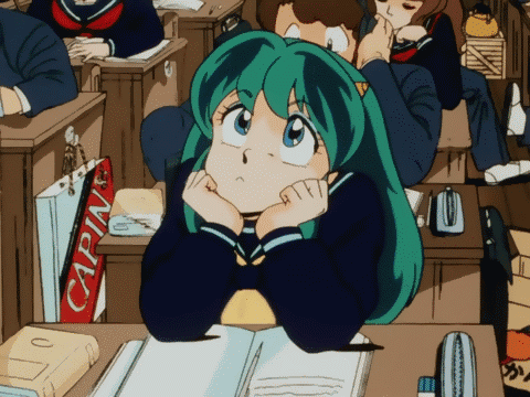 alien, animated, animated_gif, anime_screenshot, blinking, classroom, daydreaming, desk, dreaming, green_hair, hands_on_own_face, horns, looking_up, lowres, lum, multiple_boys, multiple_girls, oni, personification, school, school_uniform, smile, urusei_yatsura