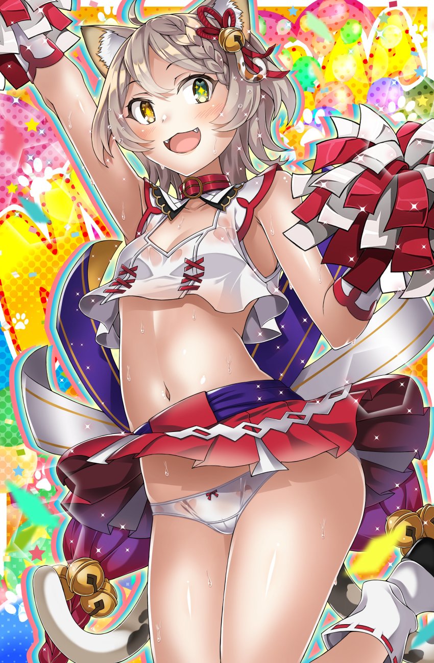 1girl, absurdres, adapted_costume, animal_ears, arm_up, armpits, bell, braid, braided_bangs, breasts, cat_ears, cat_girl, cheering, cheerleader, choker, commission, crop_top, crop_top_overhang, gloves, green_eyes, hair_bell, hair_ornament, hair_ribbon, heterochromia, highres, holding, holding_pom_poms, light_brown_hair, macaroni_hourensou, midriff, miniskirt, multiple_tails, navel, nekomata, panties, pleated_skirt, pom_pom_(cheerleading), pom_poms, prism_project, ribbon, second-party_source, see-through_clothes, see-through_shirt, shirt, skeb_commission, skirt, sleeveless, sleeveless_shirt, small_breasts, smile, solo, spiked_choker, spikes, suzune_nia, sweat, tail, two_tails, underwear, virtual_youtuber, yellow_eyes