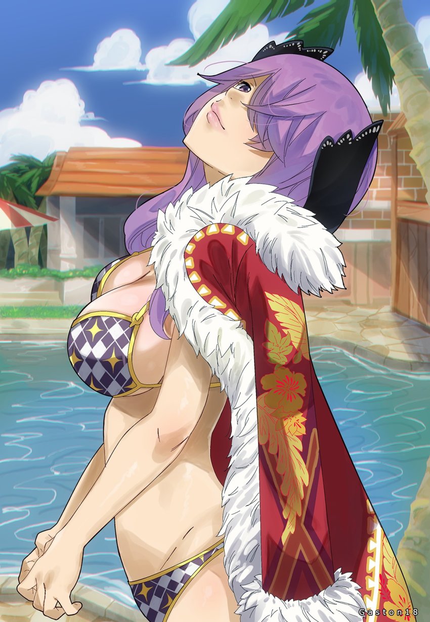 1girl, bikini, breasts, cleavage, colorized, eden's_zero, gaston18, hair_ornament