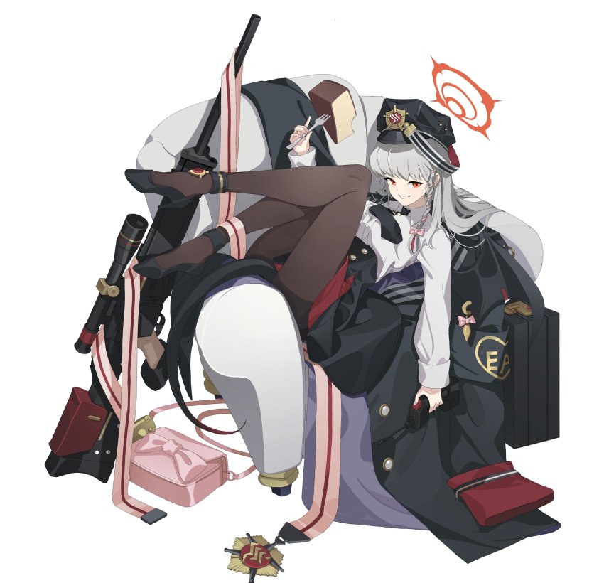 absurdres, armchair, bag, black_coat, black_footwear, black_hat, black_necktie, black_skirt