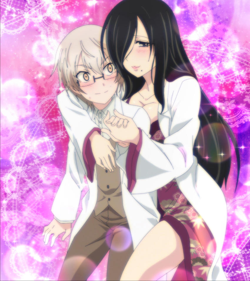 1boy, 1girl, anime_screenshot, black_hair, blush, breasts, chris_floret, cleavage, fujiwara_suiu, glasses, hair_over_one_eye, hetero, highres, japanese_clothes, kimono, lab_coat, large_breasts, long_hair, mole, mole_under_mouth, rikei_ga_koi_ni_ochita_no_de_shoumei_shitemita, smile, stitched, third-party_edit