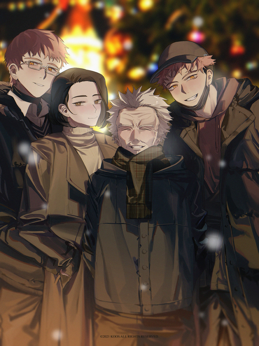 1girl, 3boys, baseball_cap, black_hair, black_pants, blurry, blush, brown_coat