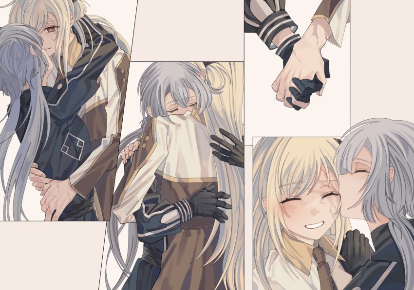 2girls, black_necktie, brown_necktie, collared_dress, couple, dress, duel_monster, emptyayya, eye_contact, closed_eyes, face-to-face, heterochromia, highres, holding_hands, looking_at_another, multiple_girls, multiple_scars, necktie, scar, scar_on_hand, sky_striker_ace_-_raye, sky_striker_ace_-_roze, two-tone_dress, yu-gi-oh!, yuri