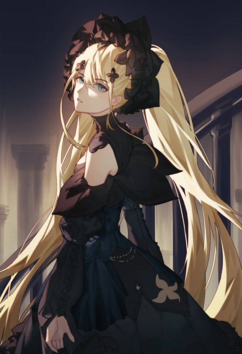 1girl, alchemy_stars, black_dress, blonde_hair, blue_eyes, bonnet, death, dress, hair_ornament, highres, kotakun, long_hair, long_sleeves, looking_at_viewer, looking_to_the_side, nina_(alchemy_stars), parted_lips, sleeveless, sleeveless_dress, solo, turtleneck, turtleneck_dress, twintails, upper_body