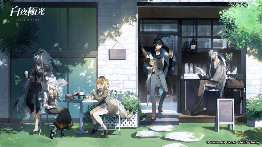 2girls, 3girls, ^_^, alchemy_stars, bag, barton_(alchemy_stars), belt, black_hair